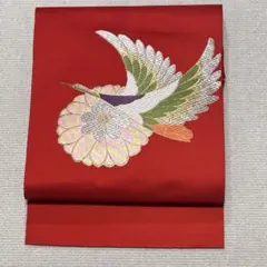 【H03】朱赤に鶴の織り柄 名古屋帯