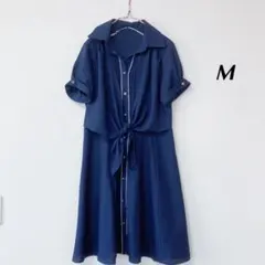 ワンピース　半袖　おしゃれ　フェミニン　かわいい　金ボタン　清楚　M 紺色