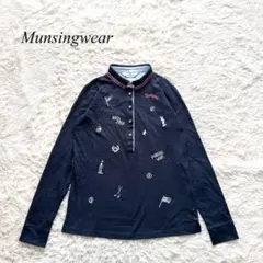 D2【マンシングウェア】ポロシャツ　長袖　刺繍柄　ゴルフウェア　ネイビー　M