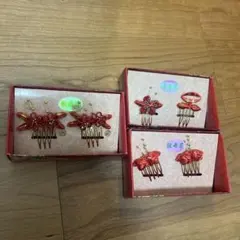 【新品未使用】赤い花モチーフの中華風髪飾り3点セット