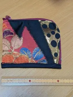 帯のリメイク品★L字ファスナー花柄刺繍マルチケース