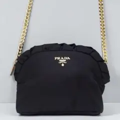 【美品】PRADA フリル ナイロン チェーン ショルダー バッグ ポーチ 黒のサムネイル
