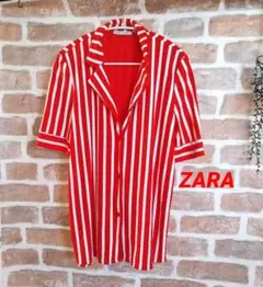 ZARA 赤と白のストライプ 半袖シャツのサムネイル