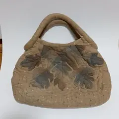 パッチワーク　葉の模様ベージュバッグ 中型