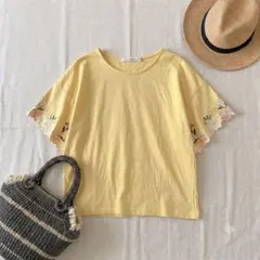 レイカズン 袖　花柄　刺繍　カットソー Tシャツ イエロー 美品のサムネイル