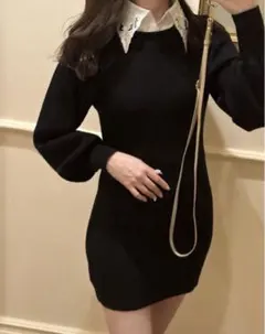 レース襟付きニットミニワンピース[dr655]