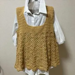 ハンドメイド　かぎ針編みマスタードイエローノースリーブベスト Lサイズ
