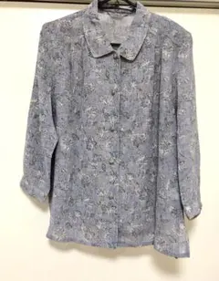 青　薄紫　花柄　シャツ　七分袖　古着