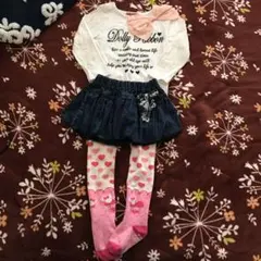 90サイズドーリーリボンロンティーとデニムスカートとミニーちゃんタイツセット