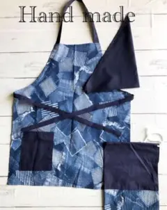 ハンドメイド子供エプロン&三角巾&巾着3点デニムパッチワーク紺150