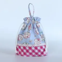 【1点限り】巾着 うさぎ ブルー ×チェック｜コップ袋・給食袋