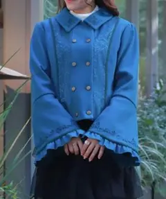 新品未開封★刺繍入ジャカード切替コート ブルーグリーン