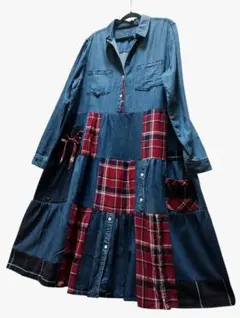 古着リメイク　ゆったりデニムシャツと赤チェックパッチワークデニムシャツワンピース