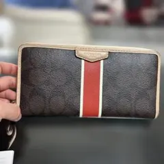COACH 長財布 ブラウン/レッドストライプ