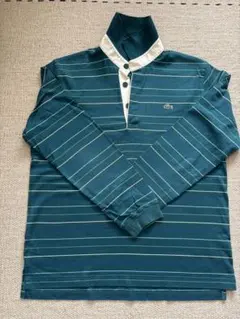 LACOSTE ダークグリーン ストライプ ポロシャツ