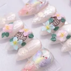 576ネイルチップSサイズ 韓国華やか 鳳凰　立体フラワー グリッターマグネット