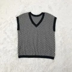 LOWRYS FARM ニットベスト　バイカラー　Vネック　総柄　綿混　黒　F