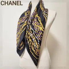 CHANEL シャネル イタリア製 ロゴ チェーン柄 大判 シルク スカーフ