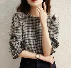 トップス シャツ ブラウス 5分袖 パフ袖 チェック フリル 韓国ファッション