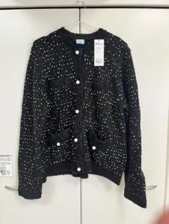 【未使用】【美品】組曲ツイード風パールボタン付きニットカーディガン