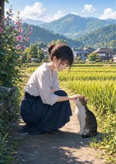 【イラスト】田園風景と少女と猫 アートポスター
