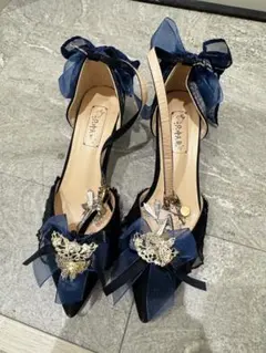 リボン付きネイビーパンプス 高ヒール