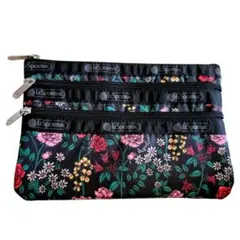 【美品】レスポートサック　花柄３段ファスナーポーチ　黒　青　LeSportsac