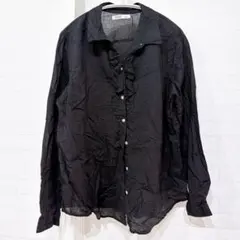オールドネイビー フリル ブラウス 長袖【XL】黒 綿 ビッグサイズ シアー感のサムネイル