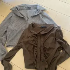 SHEIN チェック柄ブラウンクロップドシャツ S 2枚セット