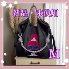 ★ 刺繍デザインエコバッグ M 黒　ストラップ付き　ボールアンドチェーン好き