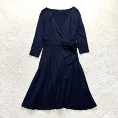 ノーブル 紺 カシュクールワンピース フレア 毛100% リボン 七分袖 春夏のサムネイル