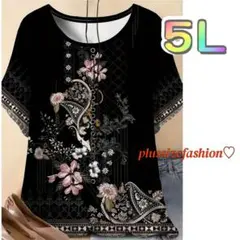 《新品 ５Ｌ》オシャレトップス 半袖 花柄/クロ/大きいサイズレディース