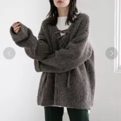 LOWRYS FARM メランジレースアップLS ニット　チャコールグレー