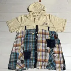 ドラッグストアーズ フード付きTシャツ チュニック パッチワーク チェック柄