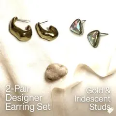 【2点セット】ゴールドフープ風ピアス ＆ オーロラ輝く三角スタッドピアス