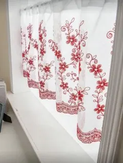 新品 レース カフェカーテン 赤 レッド 刺繍 花柄