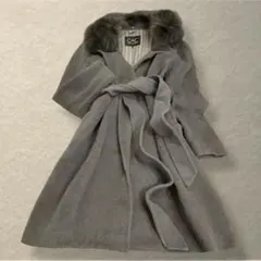 アンゴラ混 ロングコート フォックスファー　ベルト付き チャコールグレー 上品