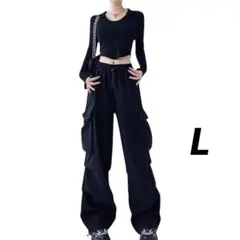 カーゴパンツ 　レディース　ワーク 　韓国 　ワイド　 黒 　ブラック　Ｌ　秋冬