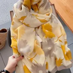 イエロー・グレー花柄大判ストール