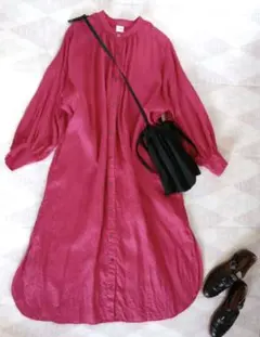 美品◆アーバンリサーチドアーズ　リネンギャザーワンピース　麻　ロング　ピンク