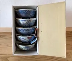 青色花柄 飯碗5個セット