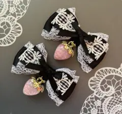 いちご大♡ギンガムはしごレースリボン　黒　ブラック　ヘアクリップ 量産型　地雷