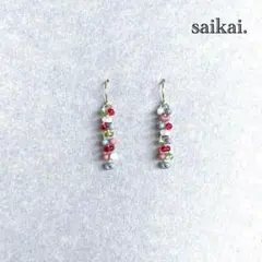 [610]チェコガラスのつぶつぶピアス ブルー レッド ハンドメイド