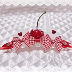 ぬい服 ヘッドドレス 10〜11cm 猫耳 赤×白 さくらんぼ J28