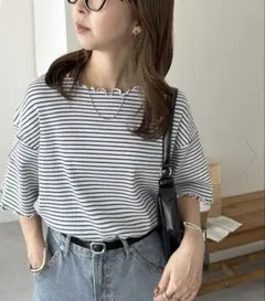 ストライプ フリル付き 半袖Tシャツ Mサイズのサムネイル