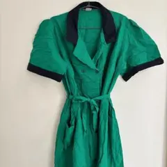 グリーン×ネイビー襟 レトロ風 半袖ウエストリボンワンピース【freesize】