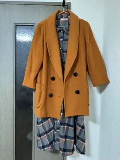 チェックワンピース+オレンジチェスターコート 2点セット