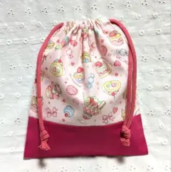 ハンドメイド、スイーツ柄の給食袋、巾着袋、コップ入れ、ピンク切り替え濃いピンク