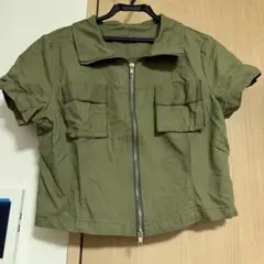 ミリタリー風 ジップアップ 半袖シャツ カーキ
