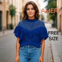 【ヴィンテージ】AMERI フリンジショート ブルー ニットトップス Fのサムネイル